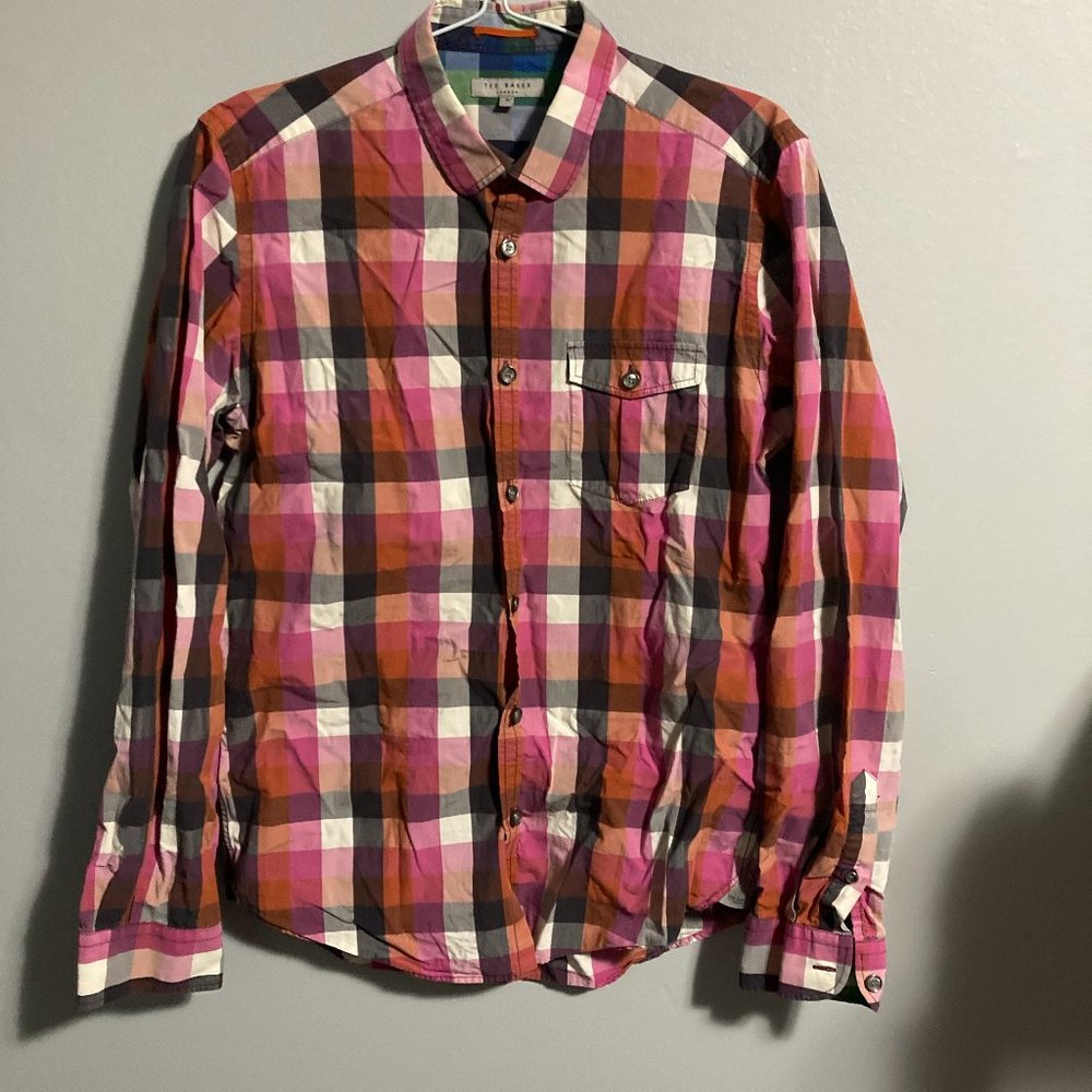Ted Baker Long Sleeve Button Up Shirt Bright Pink Oranges Size 3